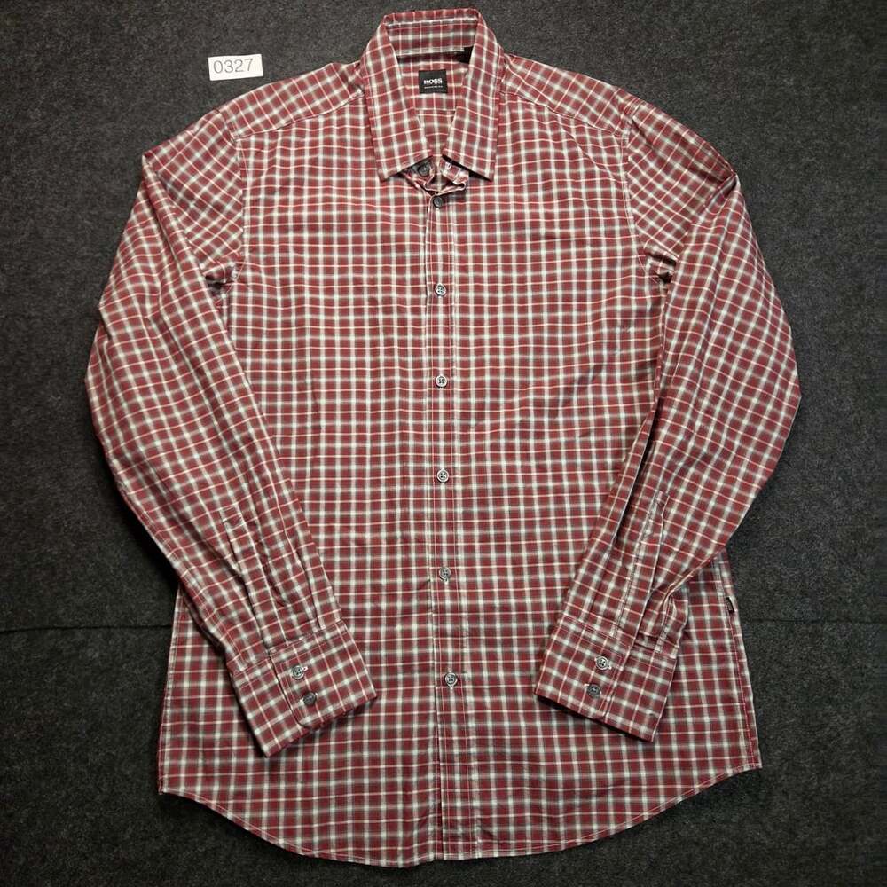 BOSS Regular Fit Plaid Long Sleeve Shirt Size M Red White